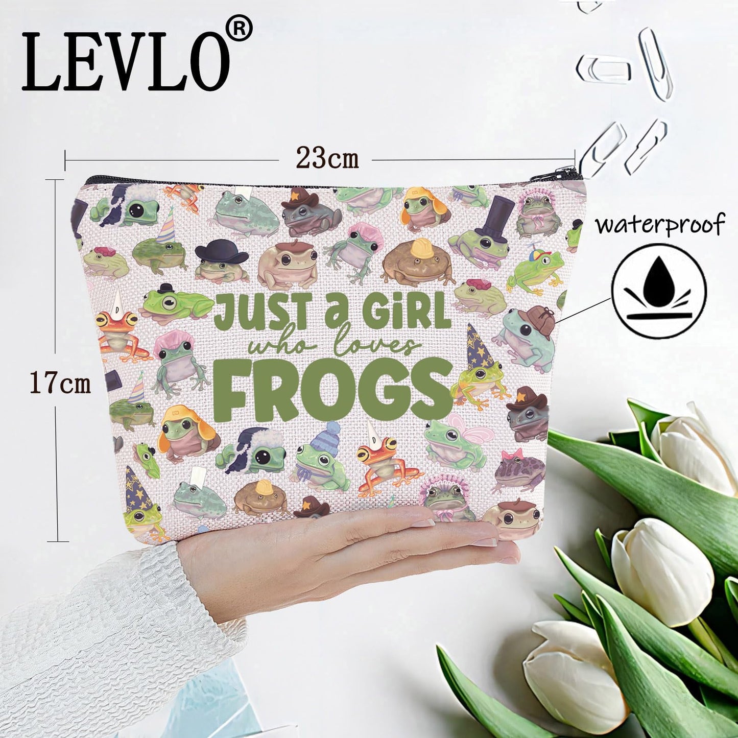 LEVLO Frog Cosmetic Make up Bag Animal Lover Gift Just A Girl Who Loves Frogs Makeup Zipper Pouch Bag Frogs Lover Gift (Cartoon Frogs Bag)