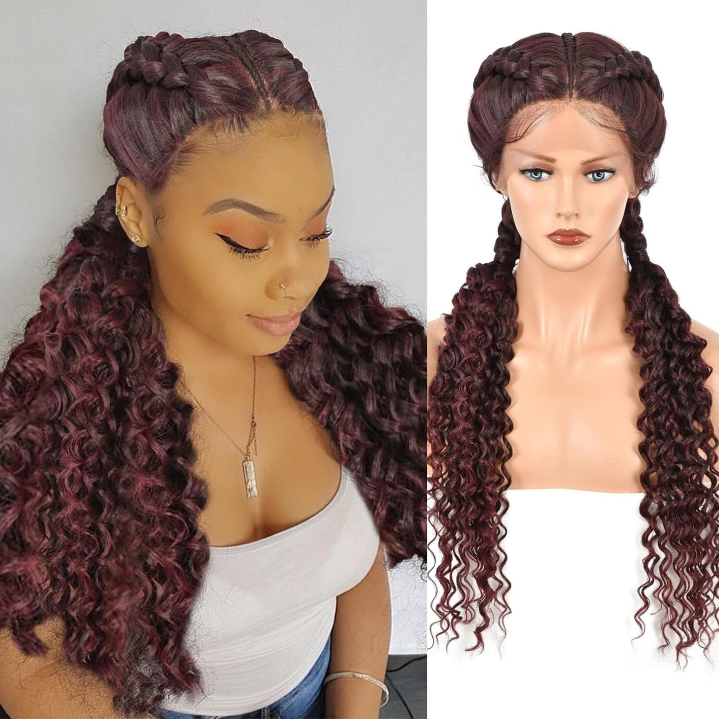 Brinbea 28" Braided Wigs Lace Front Dutch Box Braid Wigs with Baby Hair for Women Premium Human Hair Blended Lace Front Mix Black Burgundy Box Braided Wig with Curly Ends