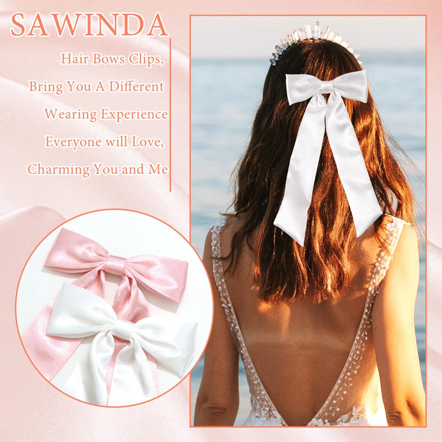 SAWINDA Bow Hair Clips with Long Tail Pink White Hair Ribbon Bows for Women, Big Bowknot Hair Barrette for Girls Wedding Prom Daily Outfits Tassel Claw Hair Clip Hair Accessories(2PCS-Pink&White)