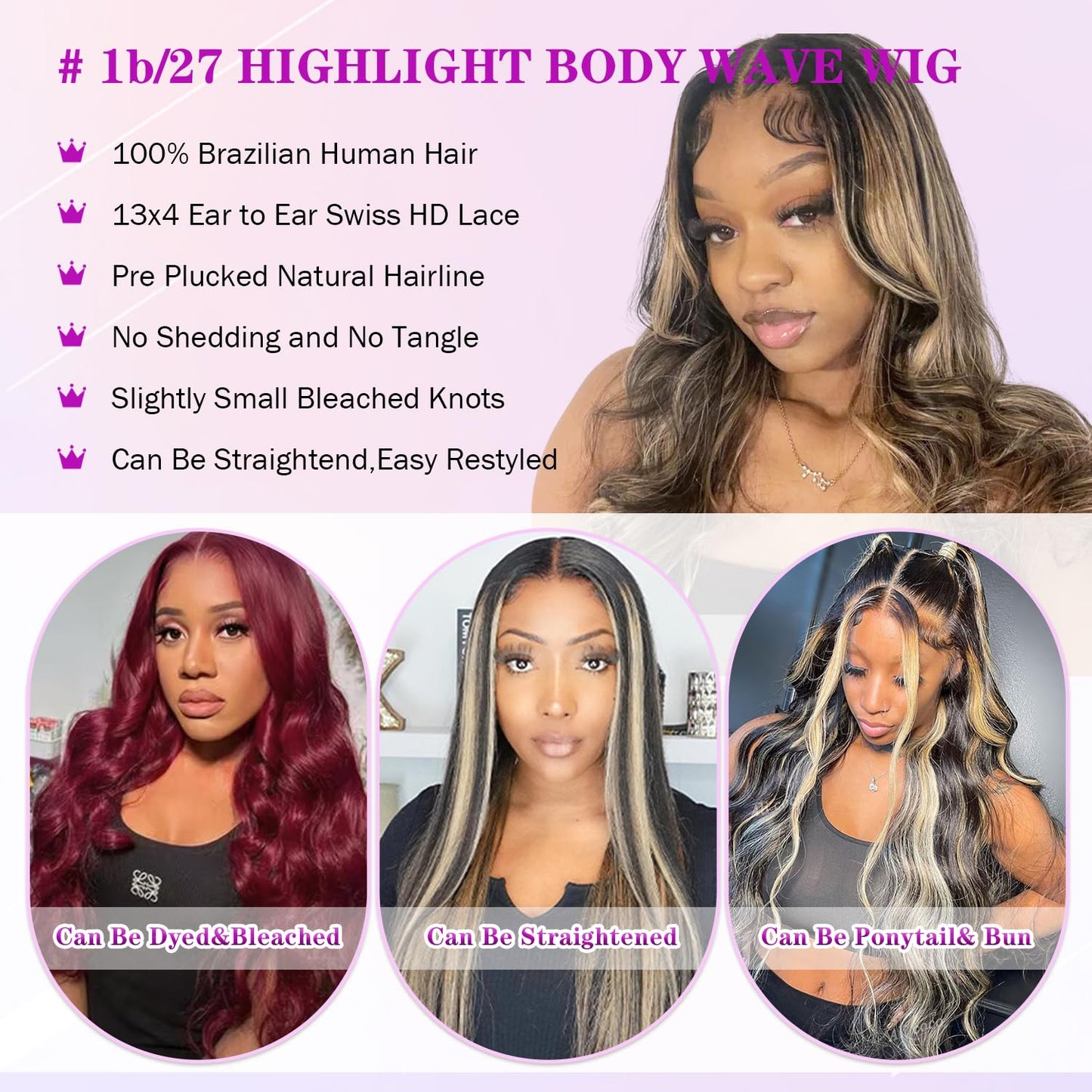 WRLYYEO Ombre Lace Front Wig Human Hair Pre Plucked 1B/27 Highlight Lace Front Wig Human Hair with Baby Hair 180 Density 13x4 Body Wave Colored Lace Front Wigs Human Hair Glueless Wigs 18 Inch