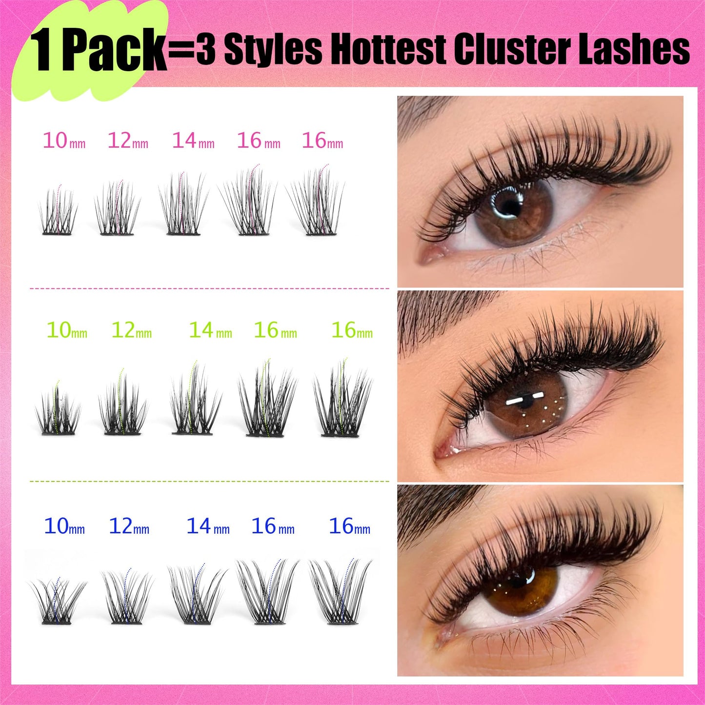 Lash Extension Kit 3 Style Cluster Lashes Natural Look Wispy Eyelash Extension Kit 180 Pcs Lash Clusters Kit Individual Lashes with Bond and Seal and LashTweezers (3 Styles)