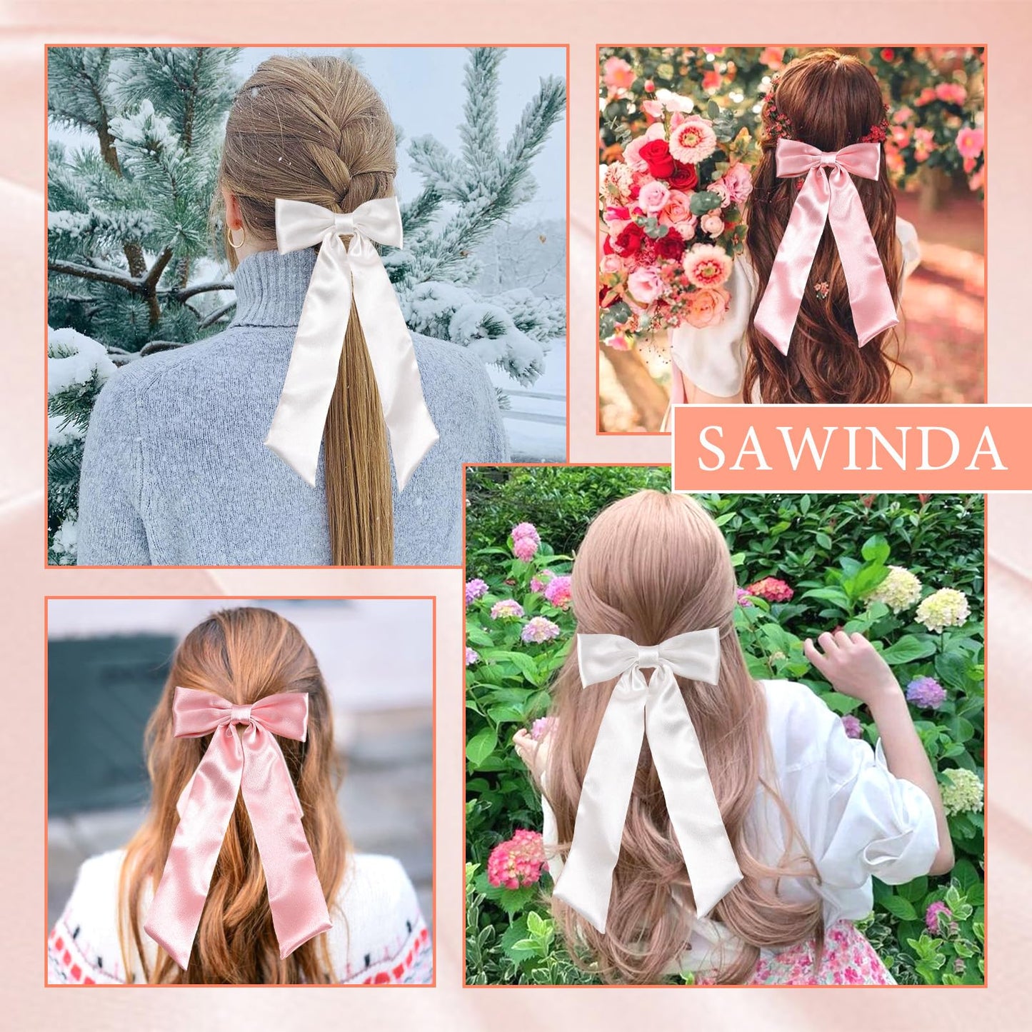 SAWINDA Bow Hair Clips with Long Tail Pink White Hair Ribbon Bows for Women, Big Bowknot Hair Barrette for Girls Wedding Prom Daily Outfits Tassel Claw Hair Clip Hair Accessories(2PCS-Pink&White)