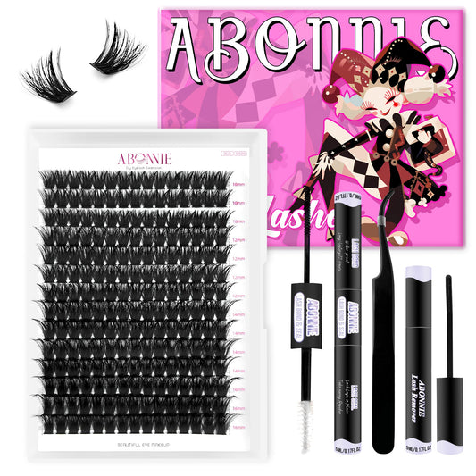 ABONNIE DIY Lash Extension Kit,Cluster lash Extensions Kit, 10-16mm Mix Wispy Lash Clusters, 100D D Curl Lash Clusters Kit with Bond and Seal and Tweezer and Remover,at Home Lash Extensions Kit