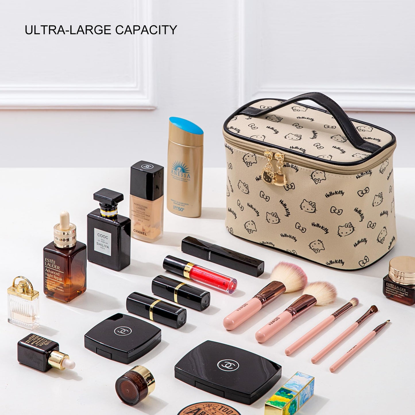 BeautyTimes Large Makeup Bag Travel Cosmetic Bags with Handle Storage Bag Brush Zipper Case Organizer for Women (Beige-A)