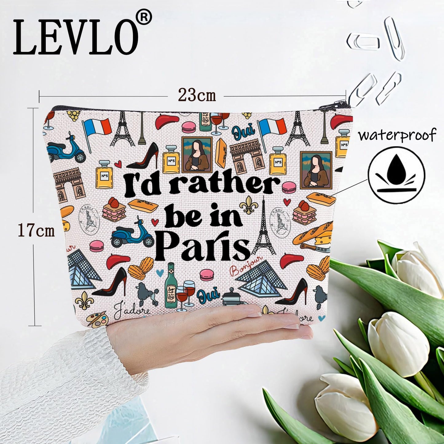 LEVLO Funny Eiffel Tower Cosmetic Make Up Bag France Paris Travelers Gifts i'd Rather Be In Paris Makeup Zipper Pouch Bag For Women (In Paris Full Bag)