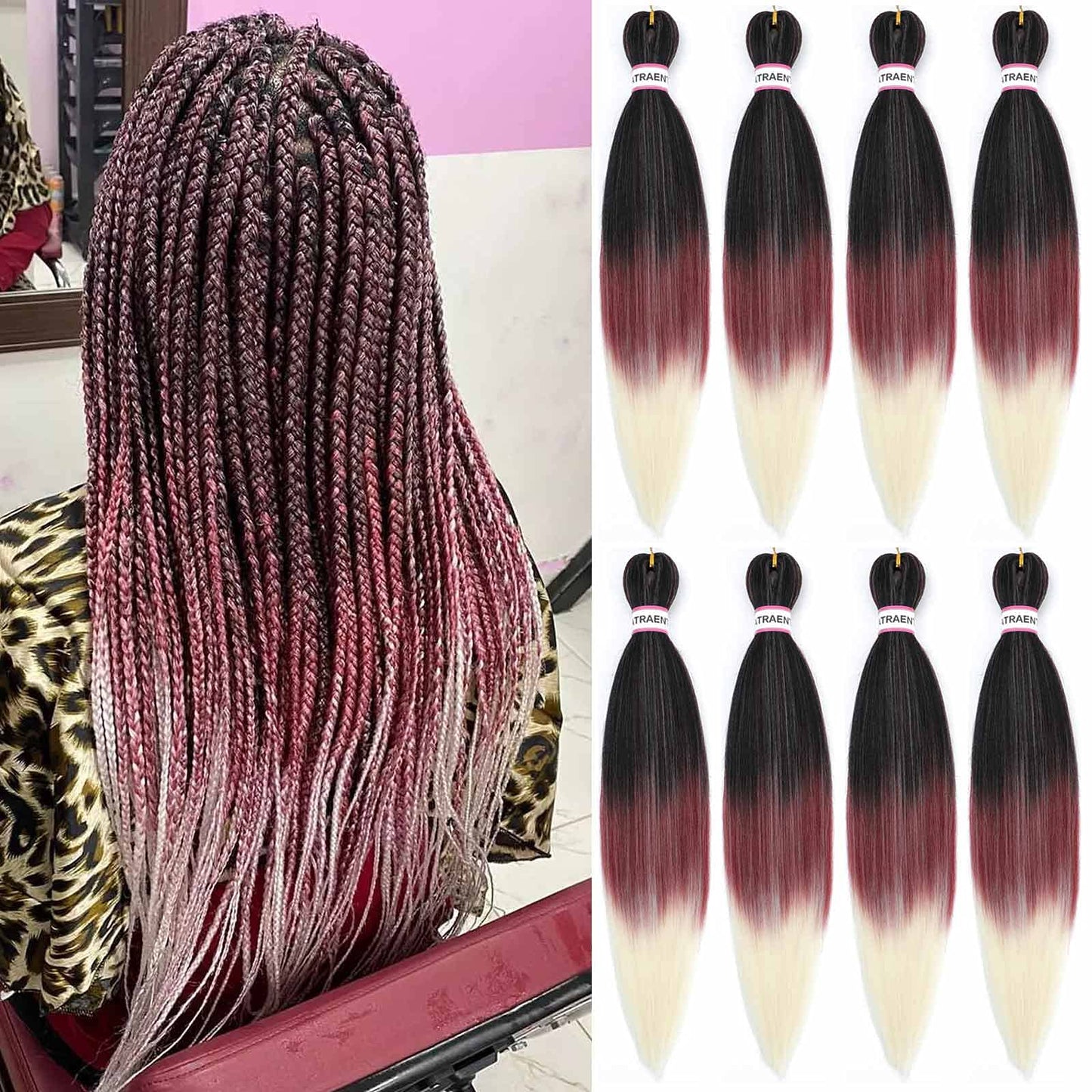 Pre Stretched Braiding Hair 8 Packs - 20 Inch Ombre Braiding Hair,Three Tone Yaki Texture Prestretched Crochet Braids Hair, Synthetic Hair Extension Itch Free Hot Water Setting (20 Inch, 1B/red/613)