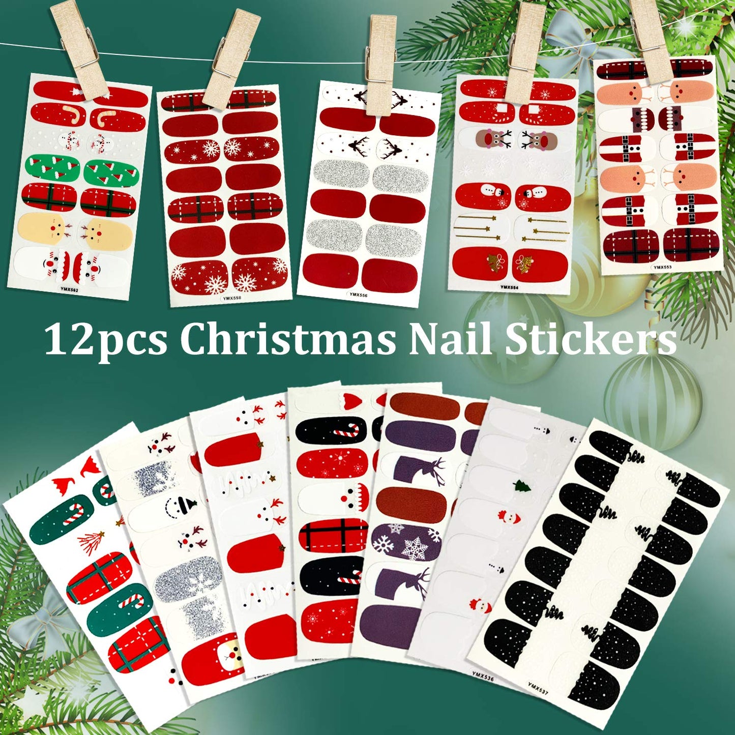 Kalolary 12 Sheets Christmas Full Wraps Self-Adhesive Nail Polish Stickers with 1Pcs Nail File, Nail Art Full-Cover Sticker for Women Winter Christmas Party Nail Decorations