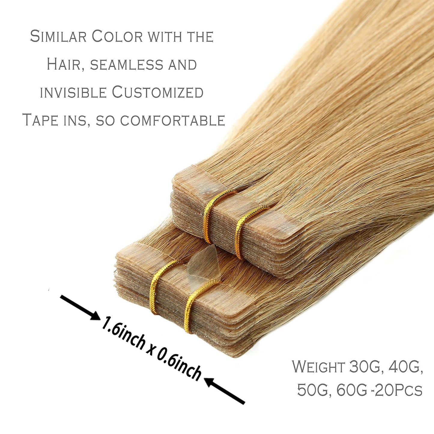 Honey Blonde Tape in Hair Extensions Remy Human Hair Strawberry Blonde 22Inch 20Pcs 60G Thick from Top to End, Silky and No Tangle Staight Tape ins for Fashion Women (22Inch #27 60g)