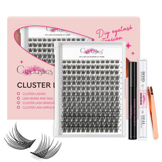 Crislashes DIY Extension Kit - 168 PCS 8-16mm Mixed Lashes, Lash Bond and Seal, Applicator, Reusable Cluster Lashes Home Use (KIT 03)