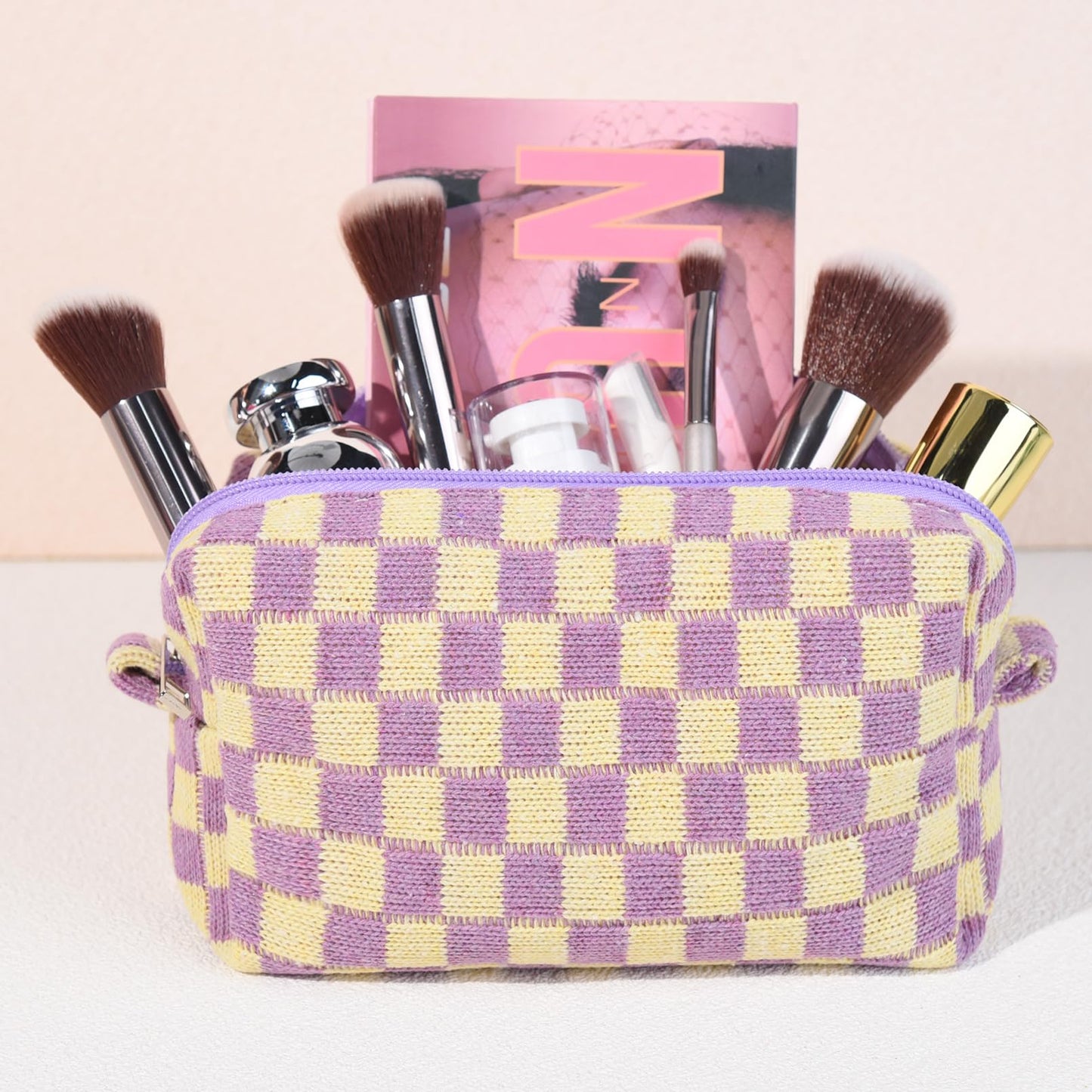 SOIDRAM Checkered Makeup Bag Preppy Cosmetic Bag Bulk Purple Makeup Pouch Personalize Travel Toiletry Bag Organizer Cute DIY Makeup Brushes Storage Bag for Women