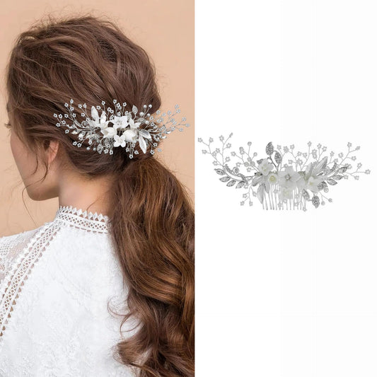 MirthCity Handmade Bride Wedding Hair Comb Ceramic Flower Girls Hair Accessories Crystal Pearl Bead Bride Hair Pieces Rhinestone Hair Accessories for Women Wedding