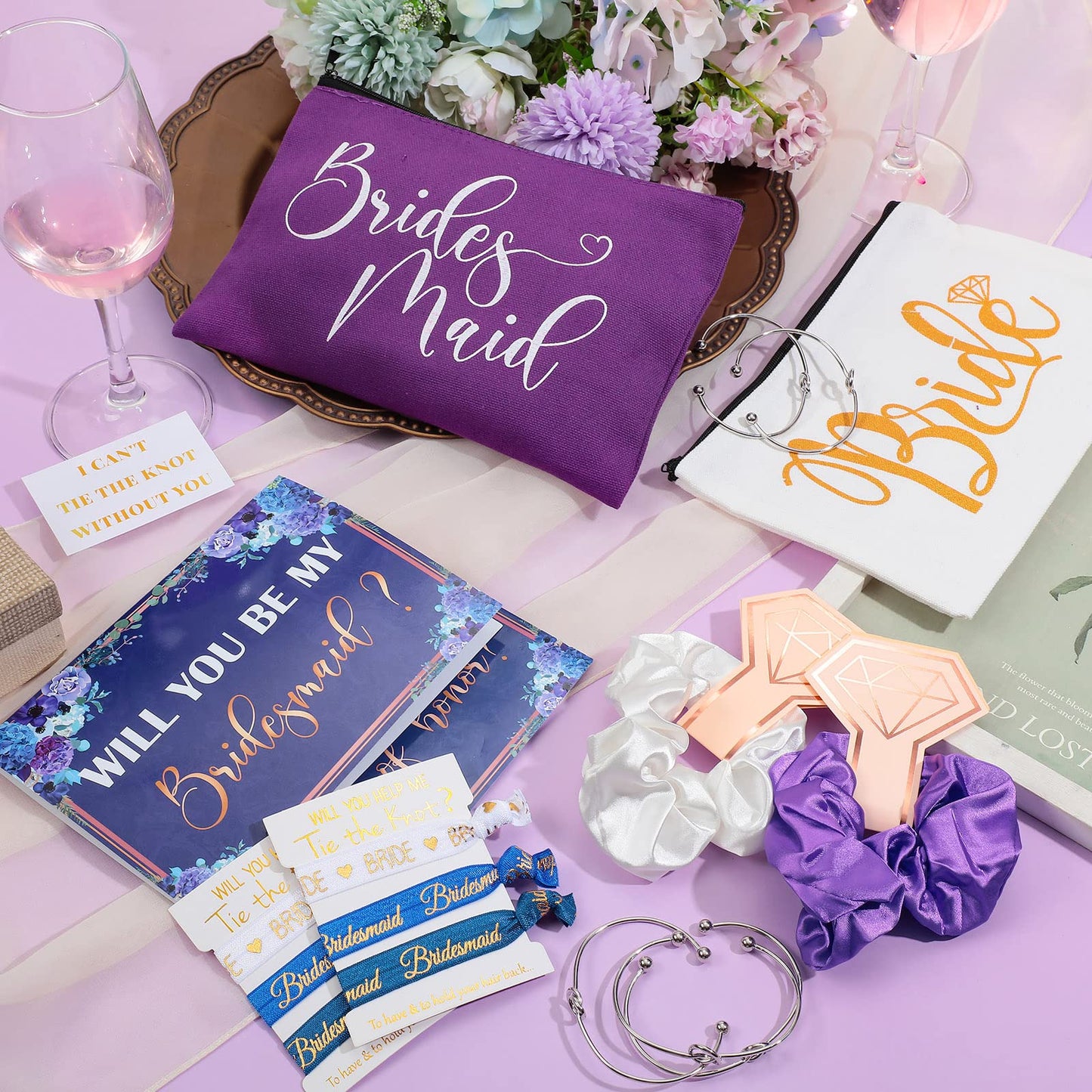 63 Pcs Bridesmaid Proposal Gifts Bulk Maid of Honor Gifts Matron of Honor Gifts Brides Bridesmaid Cosmetic Makeup Bag Hair Knotted Bracelets Invitation Cards for Wedding Bachelorette (Sweet Style)