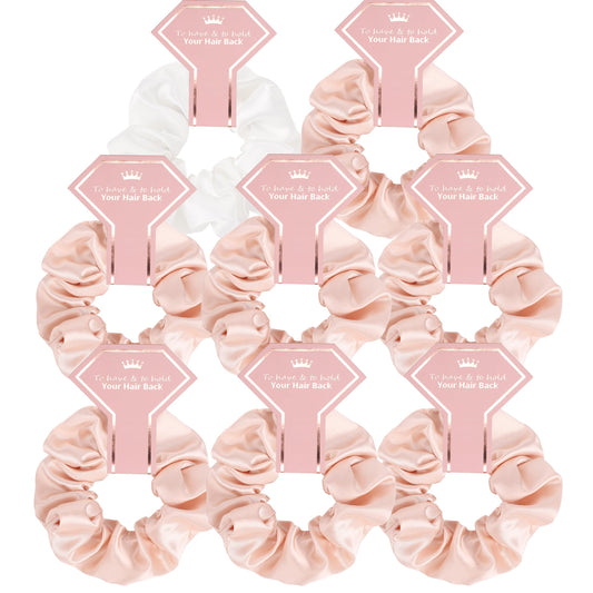 Satin Bridesmaid Scrunchies Bridesmaid Proposal Gifts Set of 8 Bachelorette Hair Ties Scrunchies Bachelorette Party Favors for Bridal Wedding Parties- (White & Beige)