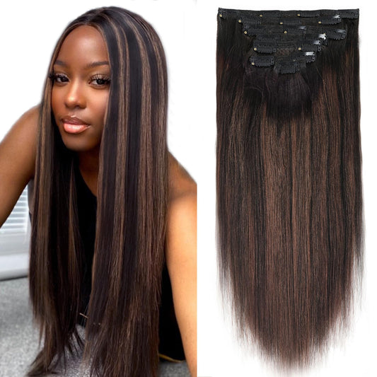 Lovrio Yaki Straight Clip ins Human Hair Two Tone Root Black to Natural Black #1B Mixed With Chocolate Brown #4 Yaki Clip ins for Black Women Double Weft Clips in Full Head 16inch 120g 7pcs