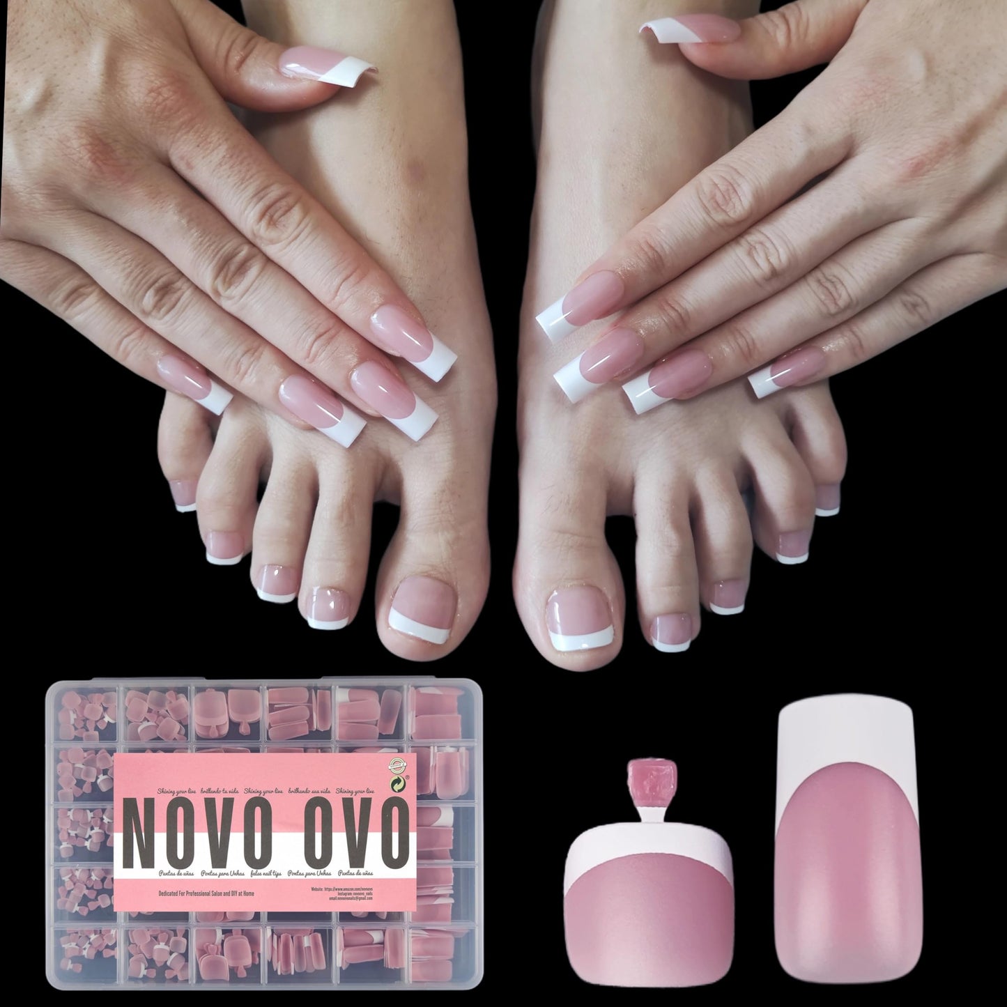 NOVO OVO French Tip Matching Press on Nail tips set, BERRY PINK Square Finger and Square Round Toe Nail Tips kit, Soft Gel Nail Extension, Pre-applied Tip Primer & Matte Base Coat x 15 Sizes 360 pcs