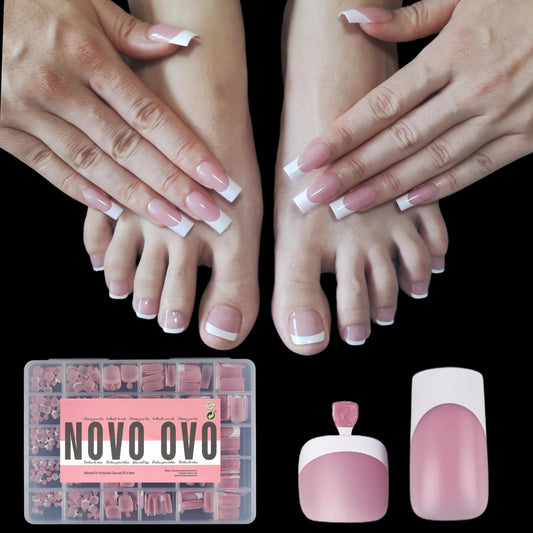 NOVO OVO French Tip Matching Press on Nail tips set, BERRY PINK Square Finger and Square Round Toe Nail Tips kit, Soft Gel Nail Extension, Pre-applied Tip Primer & Matte Base Coat x 15 Sizes 360 pcs