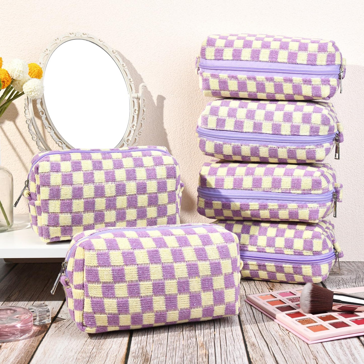 SOIDRAM Checkered Makeup Bag Preppy Cosmetic Bag Bulk Purple Makeup Pouch Personalize Travel Toiletry Bag Organizer Cute DIY Makeup Brushes Storage Bag for Women