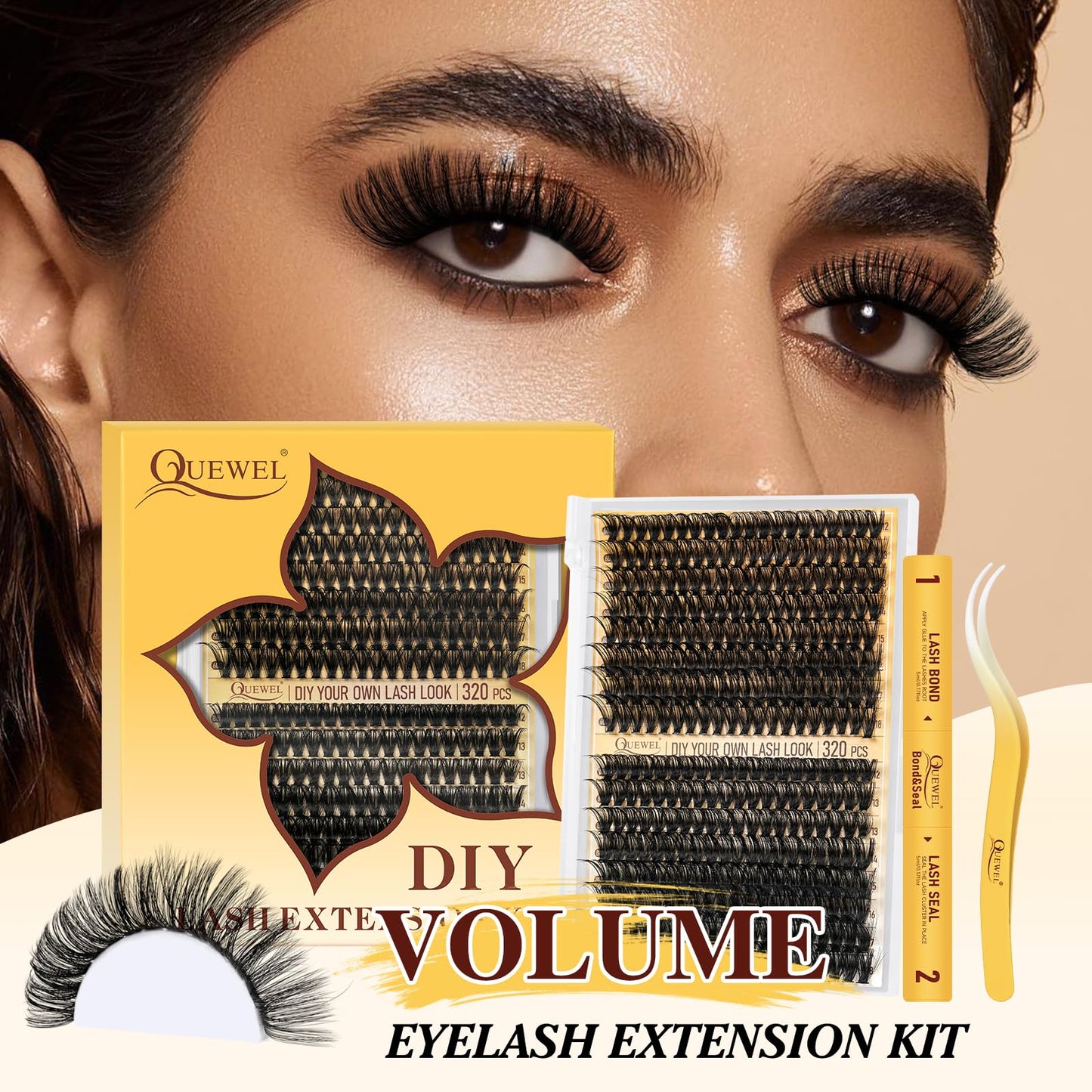 QUEWEL DIY Lash Extension Kit, 320Pcs 60D+80D Lash Clusters Kit Mix 12-18mm Fluffy Eyelash Clusters with Lash Bond and Seal and Lash Tweezers Easily Create Fluffy Lashes Clusters at Home (60+80D Kit)