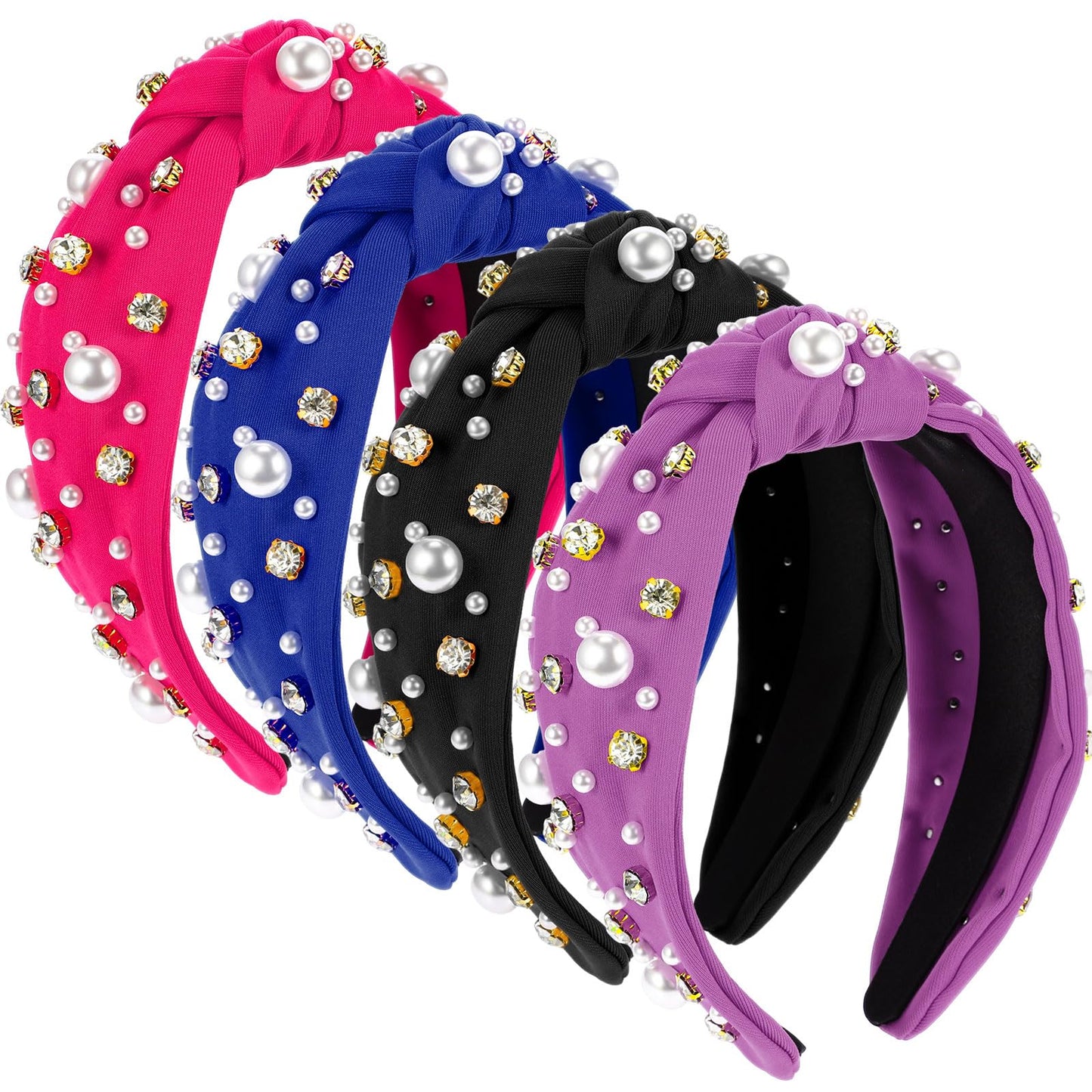 Riceshoot 4 Pcs Knotted Headbands with Pearl Rhinestone Crystal Jeweled Beaded Wide Top Headband Hairband for Women Ladies Girls Gift(Royal Blue, Purple, Hot Pink, Black)