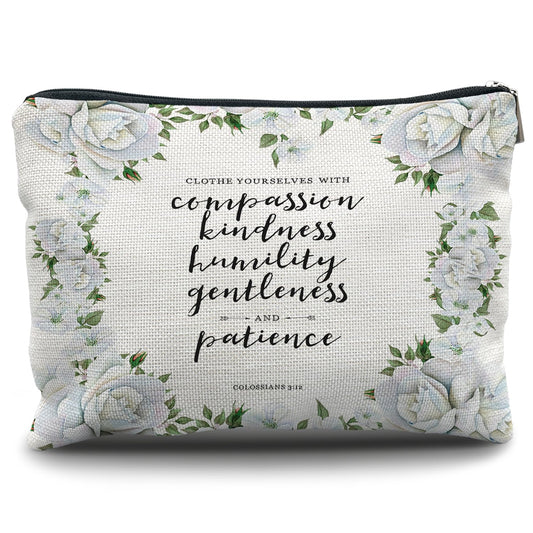 Nogrit Christian Inspirational Makeup Bag Cosmetic Bags for Women,White Floral Makeup Bag, Christian Gifts for Women Faith, Religious Bible Verse Small Makeup Cosmetic Bag for Purse, Colossians 3:12