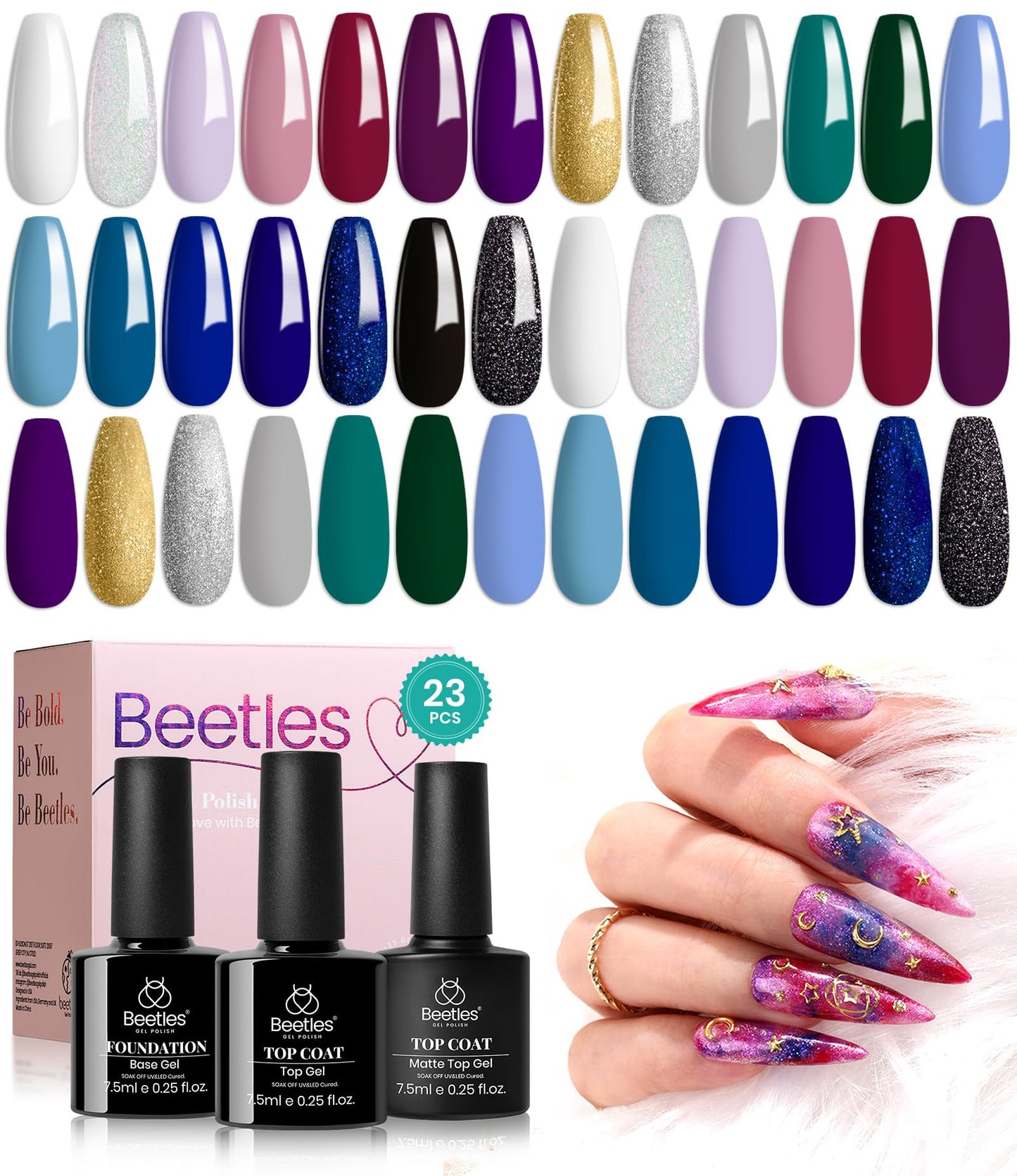 Beetles Blue Gel Nail Polish Set, Black Purple White Green Gel Polish 23Pcs Celestial Collection with Base Gel Top Coat, Soak off UV LED Gel Set, Summer Gifts for Women and Girls, 2024 New Trend