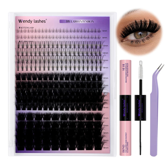 Lash Clusters Kit With Bottom Lashes 60/80/100/200D 3D Effect DIY Lash Extension Kit 12-18mm Multi-types Individual Lashes Bond and Seal, Spike, Volume Lashes Kit Lash Applicator(100/200 3DKit)