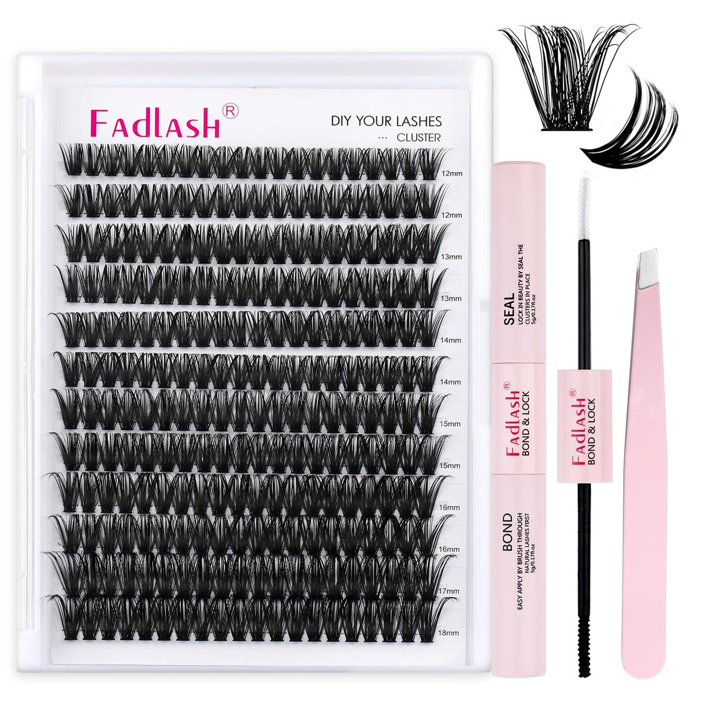 FADLASH DIY Lash Extension Kit Individual Lashes Cluster D Curl Eyelash Extension Kit with Lash Bond and Seal and Lash Applicator Tool for Self Application at Home (60D-0.07D-12-18MIX KIT)