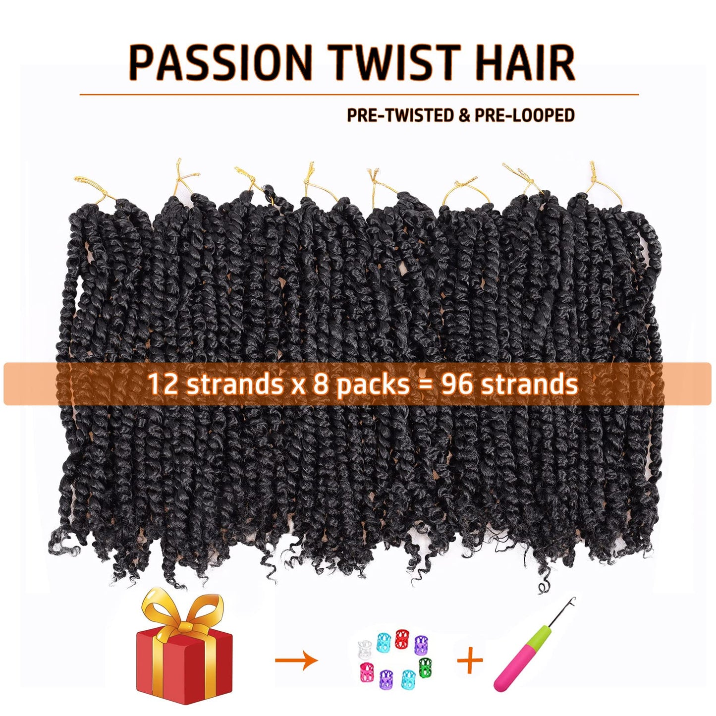 Passion Twist Hair 14 Inch Pre-twisted Passion Twist Crochet Hair for Women Pre-looped Water Wave Crochet Braids Bohemian Curly Crochet Hair Synthetic Hair Extensions 8 packs 1B