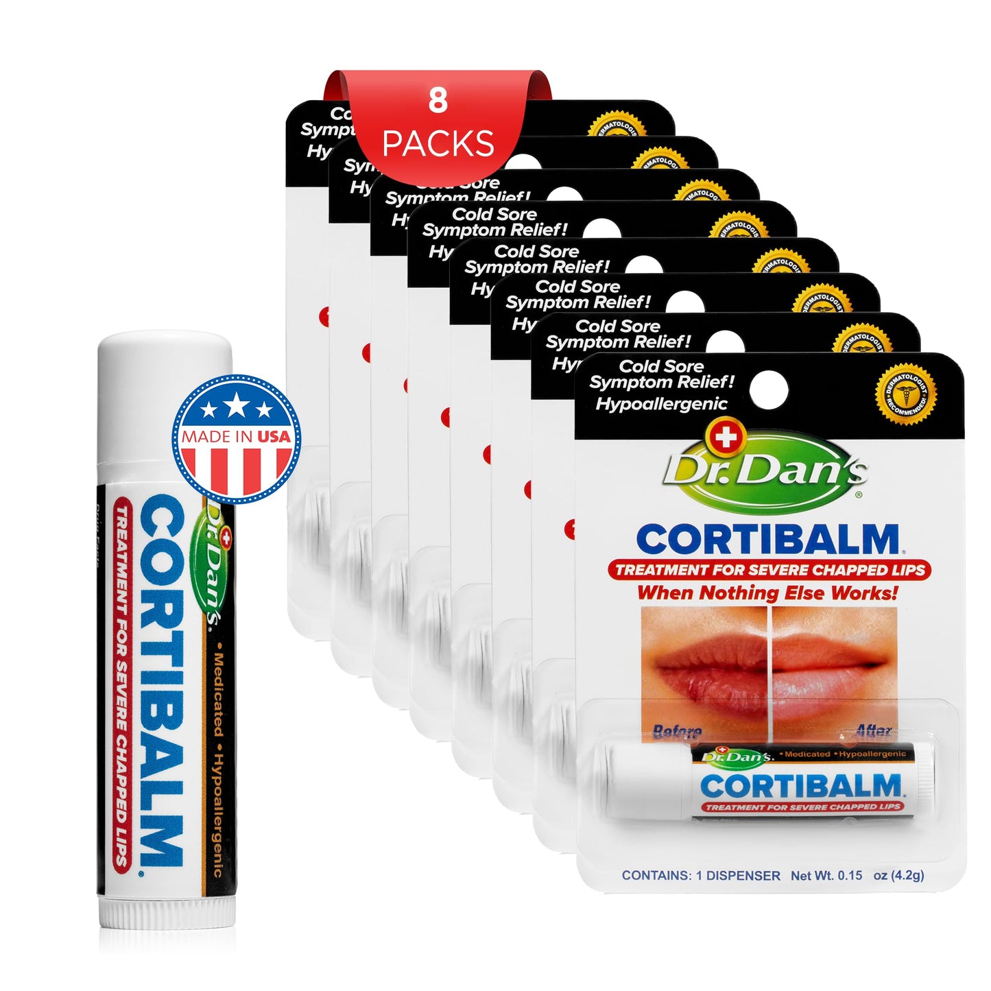 Dr. Dan's Cortibalm -8 pack-for Dry Cracked Lips - Healing Lip Balm for Severely Chapped Lips - Designed for Men, Women and Children