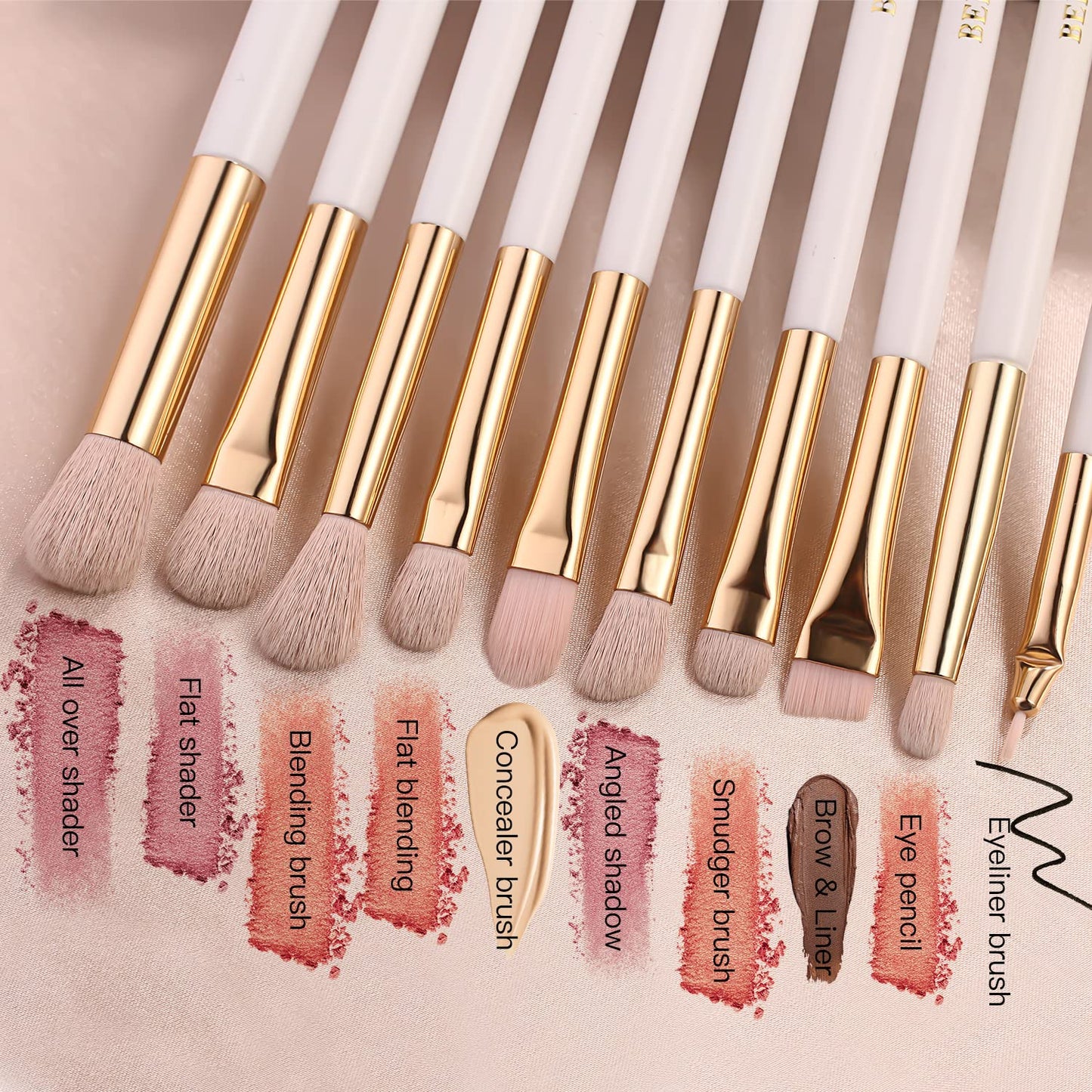 BEILI Eye Makeup Brushes 10Pcs Eyeshadow Brush Set Premium Pink Vegan Synthetic Eye Shadows Blending Concealers Eyebrow Eyeliner Professional Make Up Brushes Set (White/Rose Gold)