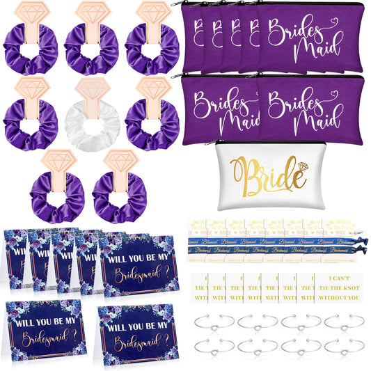 63 Pcs Bridesmaid Proposal Gifts Bulk Maid of Honor Gifts Matron of Honor Gifts Brides Bridesmaid Cosmetic Makeup Bag Hair Knotted Bracelets Invitation Cards for Wedding Bachelorette (Sweet Style)