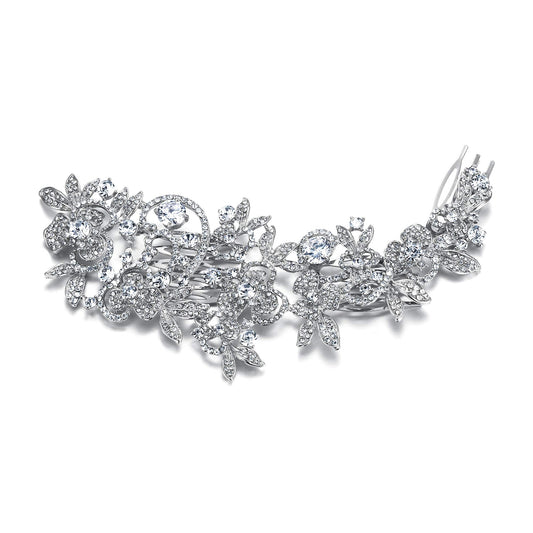 EVER FAITH Wedding Hair Accessories Austrian Crystal Zircon Flower Leaf Cluster Bridal Hair Side Comb Clear Silver-Tone