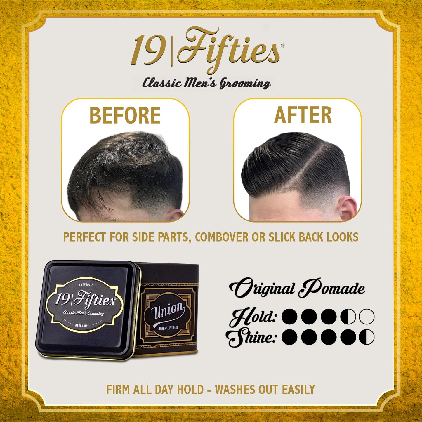 19Fifties Union Original Pomade For Men - 4oz Beautiful Tin | All Day Firm Hold, Easily Washes Out With Water, High Shine & Amazing Scent - Ideal For Pompadours, Side-Part Comb-Overs, & Slick-Back