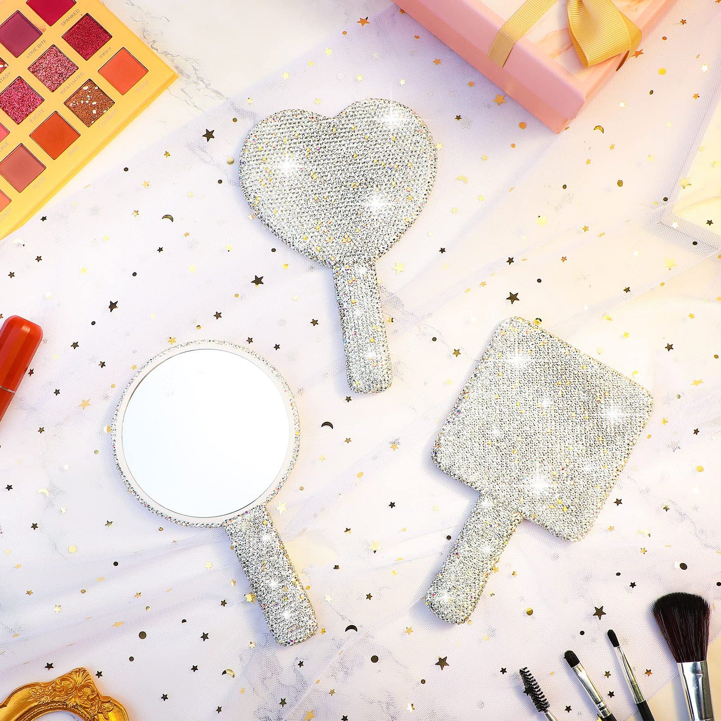 Bucherry 3 Pcs Rhinestone Hand Mirror Heart Shaped Bling Dazzling Hand Held Mirrors Square Round Shape white Cosmetic Portable Decorative Personal Makeup Mirrors for Women Wedding Gift