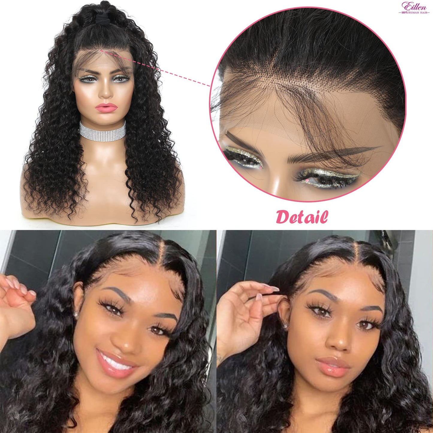 Eileen 13x4 HD Lace Front Wigs Human Hair Deep Wave 20 Inch Glueless Wigs Human Hair Wet and Wavy 180 Density Lace Frontal Wigs Human Hair Closure Wig Human Hair for Women Natural Black