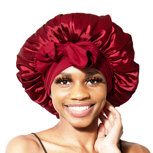 BONNET QUEEN Silk Bonnet for Sleeping Women Satin Bonnet Hair Bonnet Night Sleep Cap Scarf wrap for Curly Hair with tie Band Dark red