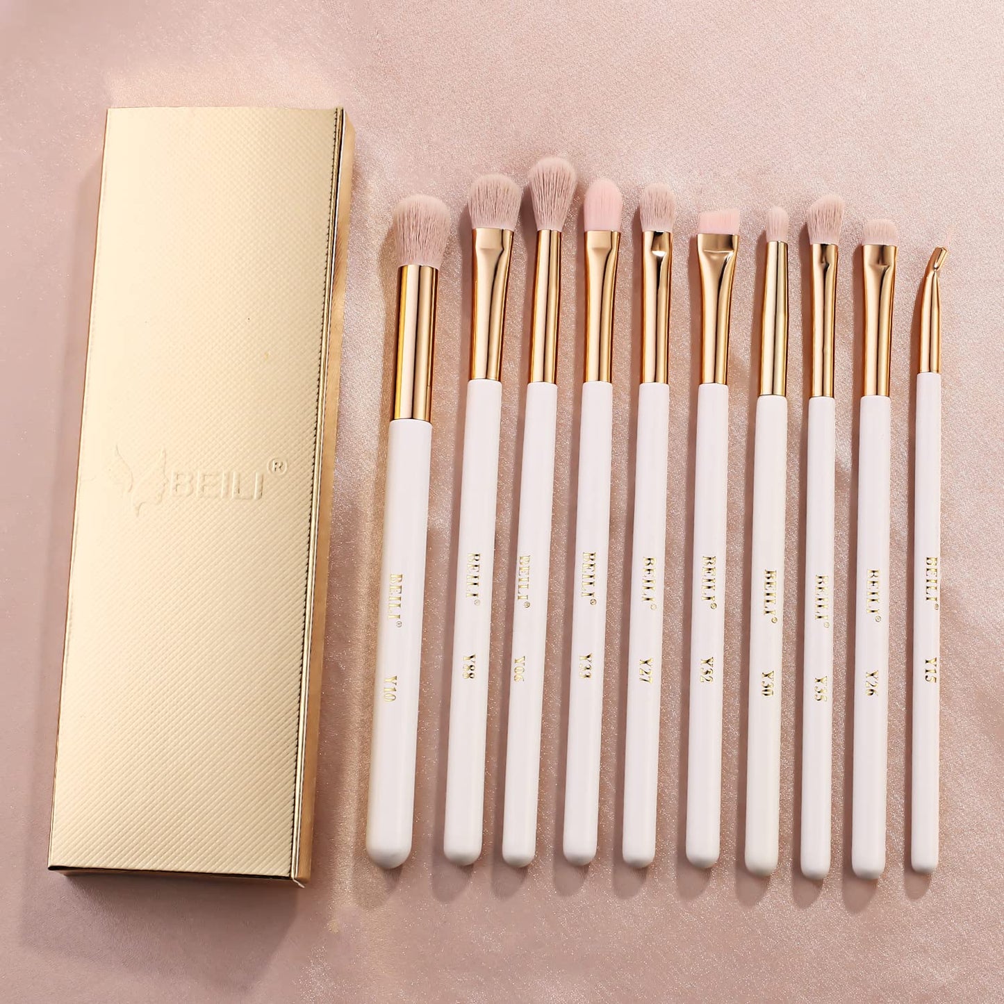 BEILI Eye Makeup Brushes 10Pcs Eyeshadow Brush Set Premium Pink Vegan Synthetic Eye Shadows Blending Concealers Eyebrow Eyeliner Professional Make Up Brushes Set (White/Rose Gold)