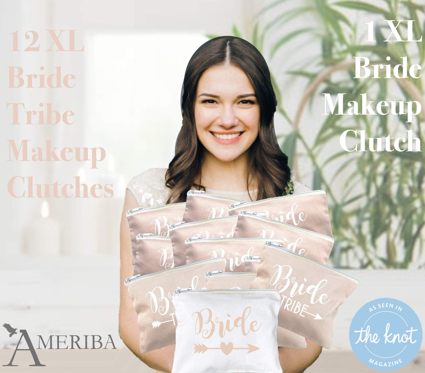 12 Pack Set + 1 Bride Bag | AMERIBA Premium Natural Cotton Canvas Makeup Bag- Bridesmaids Gifts for The Bachelorette Party or Bridal Shower (White & Soft Peach)