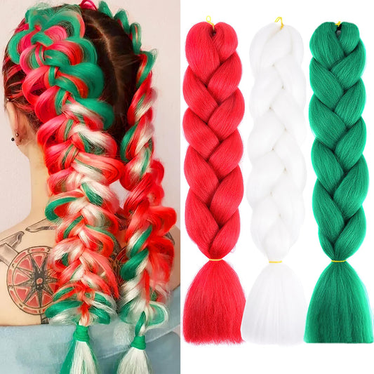 BASEMMAHER Jumbo Braiding Hair Extensions for Women 24 Inch Colored Braid Hair Synthetic Red Green White Braiding Hair Pre Stretched High Temperature Fiber Braids Extensions for Girls braiding