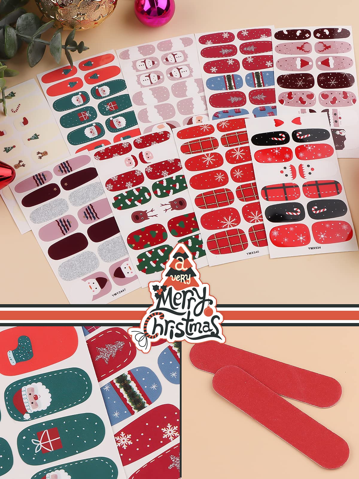 Kalolary 20 Sheets Christmas Full Wraps Self-Adhesive Nail Polish Stickers, Santa Snowman Nail Wraps Stickers with 2Pcs Nail Files for Winter Christmas Nail Art Decorations