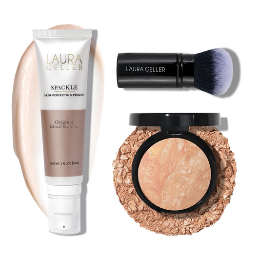 LAURA GELLER NEW YORK Baked Balance-n-Brighten Powder Foundation - Light + Spackle Super-Size Skin Perfecting Makeup Primer - Ethereal Rose Glow + Retractable Airbrush Kabuki Brush