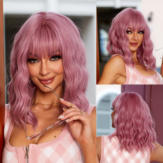 INSGOGO Short Bob Pink Wigs for Women with Bangs Heat Resistant Synthetic Wig for Black Women 14 Inch Natural Body Wave Wigs 150 Density Colored Wig for Party Daily