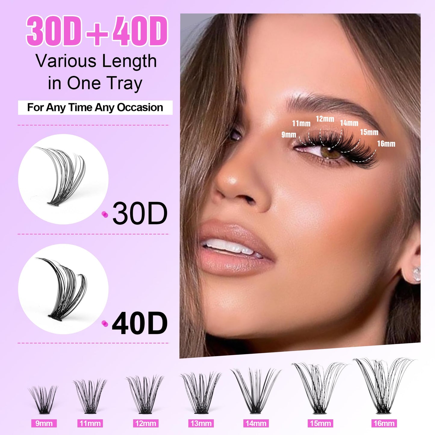 Pawotence DIY Lash Extension Kit 280pcs Individual Lash Clusters Kit 30D 40D Curl Eyelash Extension Kit with Lash Bond and Seal and Remover Lash Tweezers for Self Application (30D+40D-9-16MIX-ALL KIT）