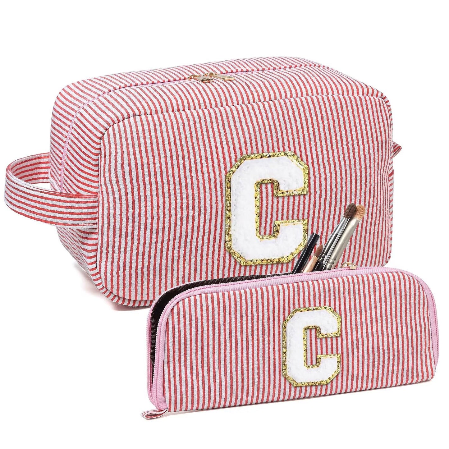 Avgiedy 2Pcs Makeup Bag, Cute Cosmetic Bag, Personalized Initial Preppy Large Capacity Travel Makeup Bag Organizer, Makeup Bag is for Mother, Wife, Friends Birthday, Valentine's Day Gifts-Pink