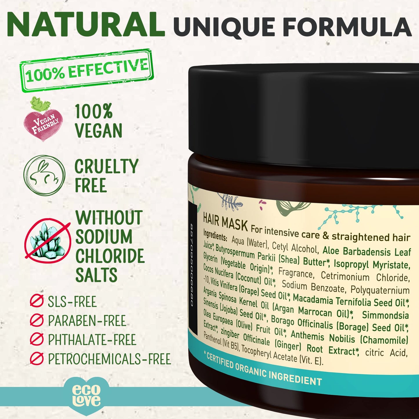 ecoLove Hair Mask, Natural Deep Conditioning, 11.8 oz, Macadamia, Shea Moisture, Argan Oil, No SLS or Parabens Vegan and Cruelty-Free