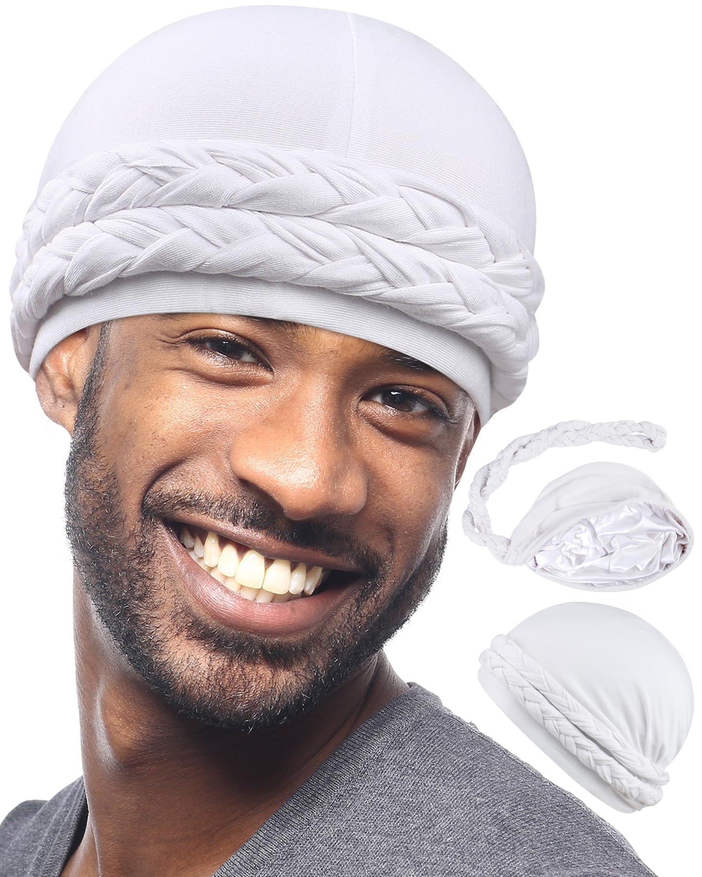 Babalet Halo Turban for Men Women Satin Lined Durag Skull Cap Pre-Tied Handmade Braids Tail Beanie Sleeping Bonnet,White