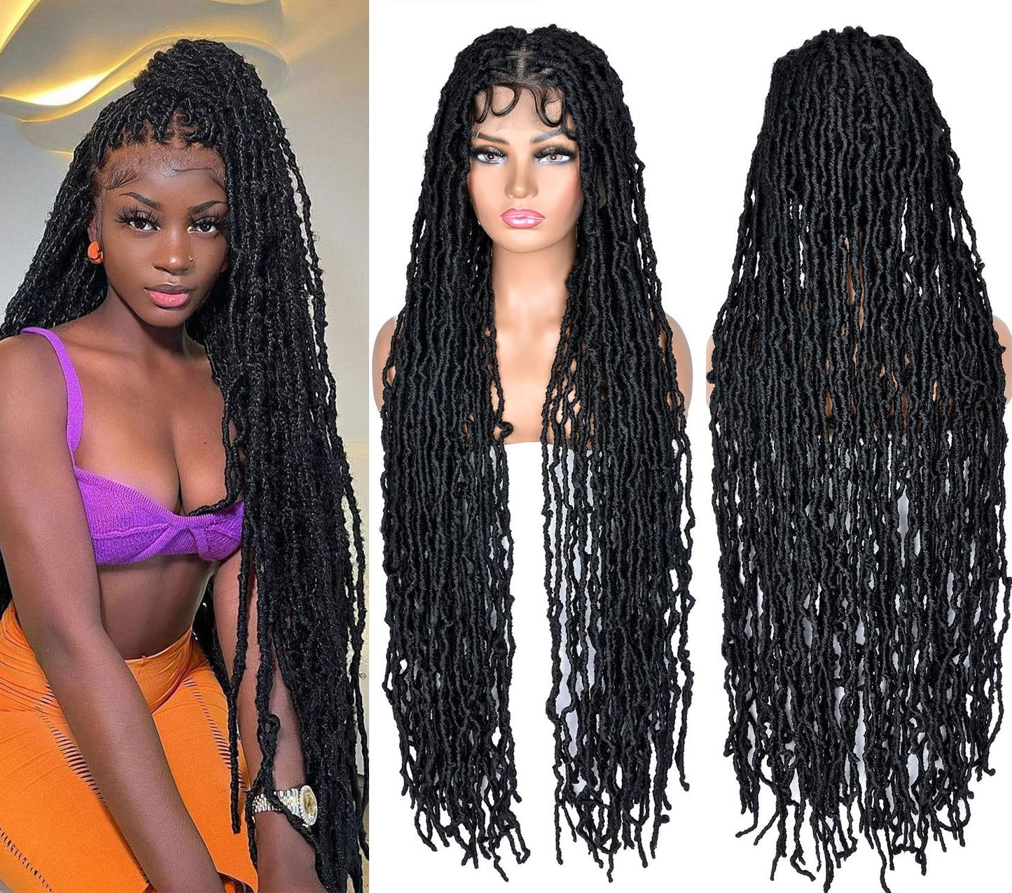 RunM Faux Locs Braided Wigs for Black Women Faux Locs Wig Full Double Lace Curly Braids Wig 40 Inch Synthetic Lace Twist Wig(1B)