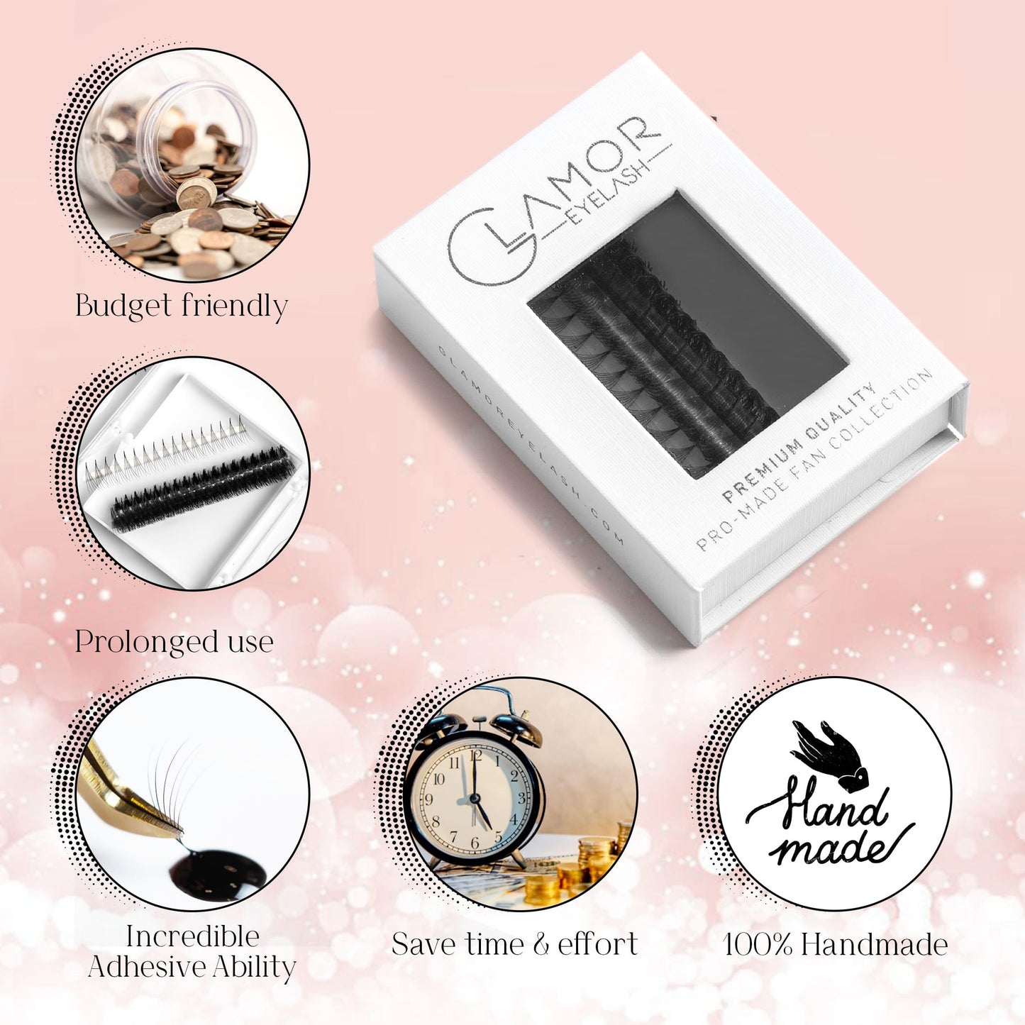 GLAMOREYELASH 1000 Ultra Speed Narrow Promade Fans|Natural Eyelash Extension 3D~16D|Handmade Individual Lashes Extension with 0.03/0.05/0.07mm Thickness of Mink Lashes | C CC D Curl for Cat Eye Lashes