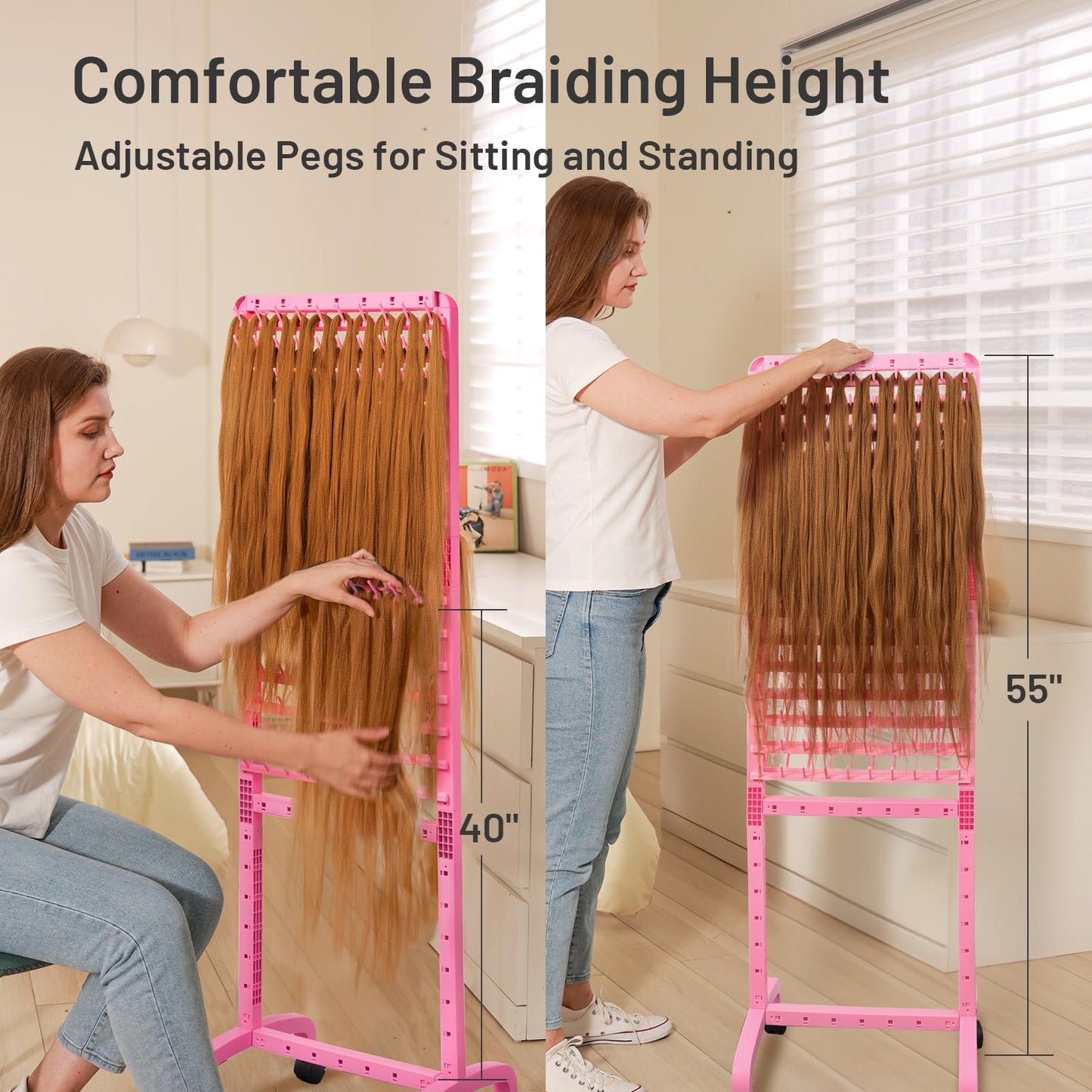 Yumkfoi Adjustable Braiding Rack 280 Pegs, 2-Sided Braiding Hair Rack, Hair Racks for Braiders Standing with Wheels, Pink Hair Separator Braid Rack for Braiders Standing for Stylists