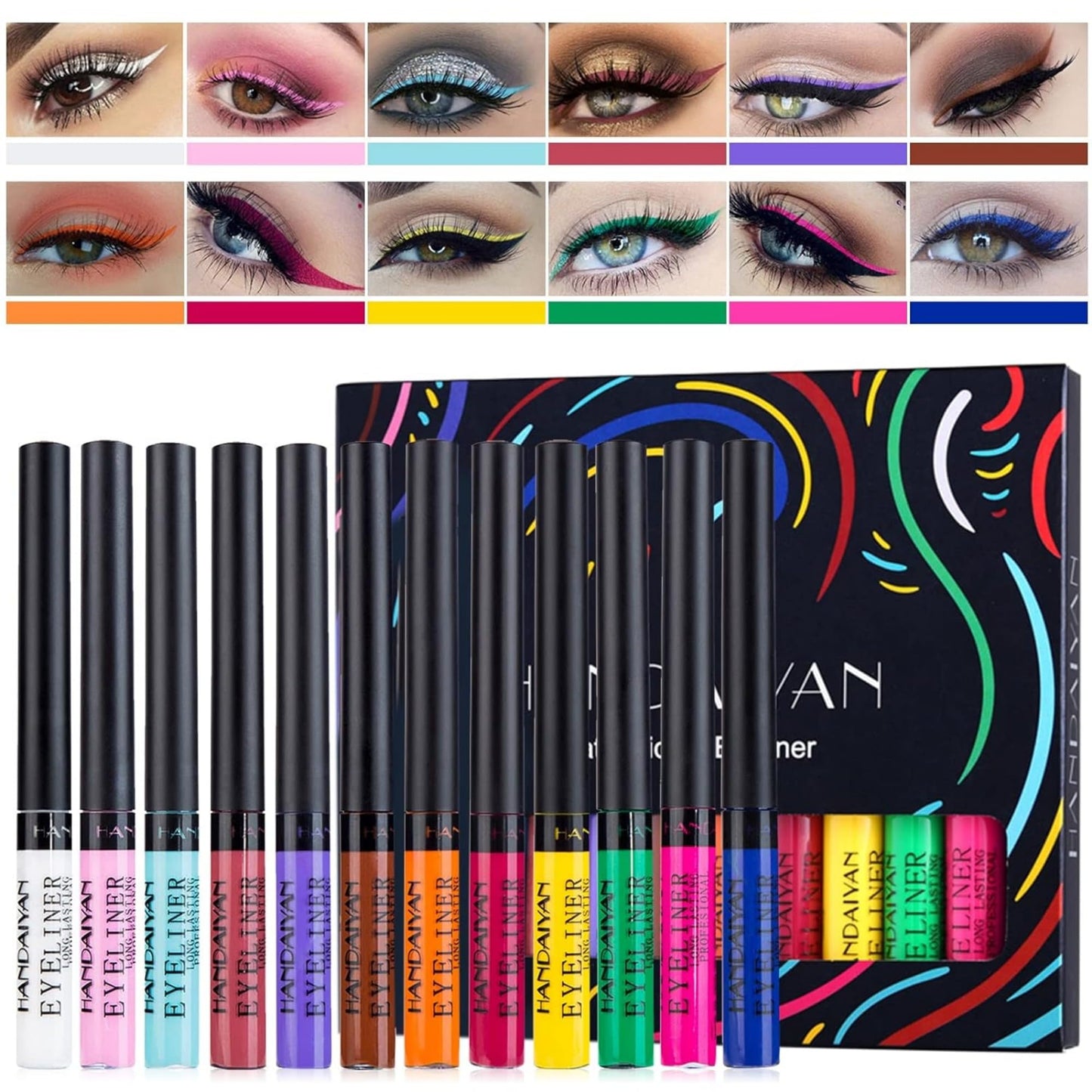 MAEPEOR 12 Color Matte Liquid Eyeliner Set Smooth Pigmented Colorful Eyeliner Line Pen Waterproof Smudgeproof Long Lasting Eyeliner Eyeliner Eye Makeup Gift Kit for Women and Girls (Set 01)